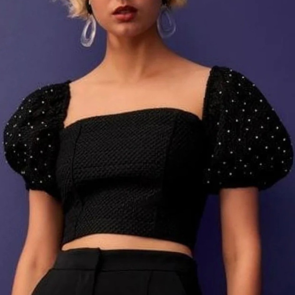 C/MEO COLLECTIVE Puff Sleeve Embroidered Crop Top Black Textured Size XS